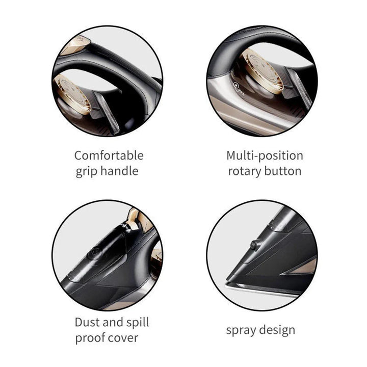 Schwarzes Bügeleisen mit ergonomischem Griff, Drehknopf, Sprühdesign, staubdichter Abdeckung.