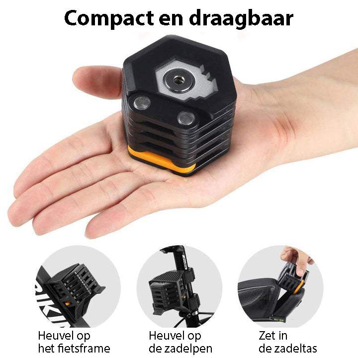 Kompakte, tragbare Fahrradpumpe, schwarz, handgroß, ideal für Fahrradtouren und Reparaturen.