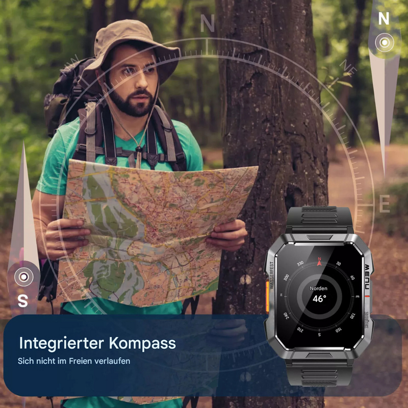 Mann mit Karte und Smartwatch-Kompass im Wald, Outdoor-Navigation, Wandern, Abenteuer.