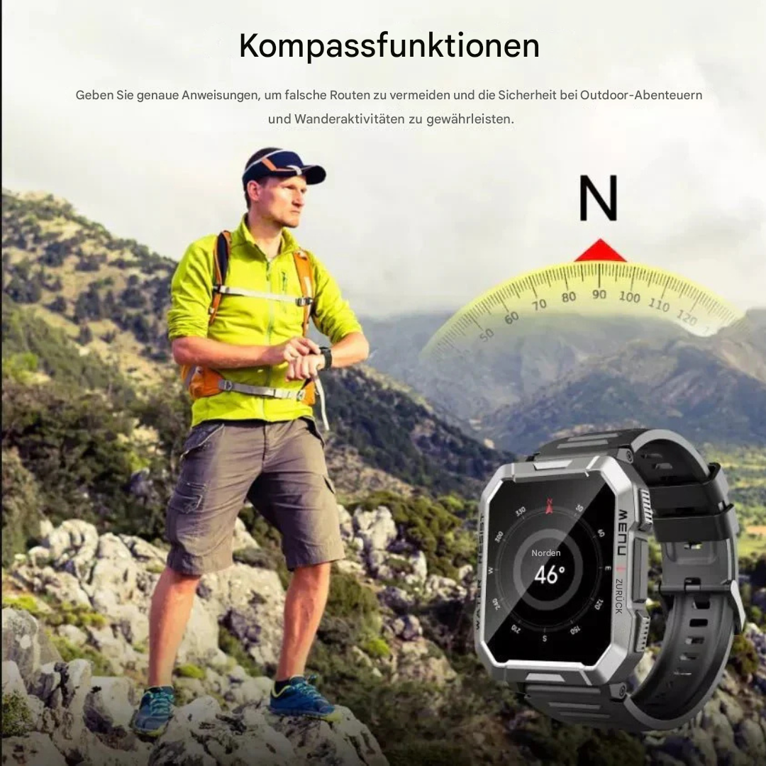 Mann beim Wandern mit Kompassuhr, GPS-Funktion, Outdoor-Ausrüstung, Berglandschaft im Hintergrund.