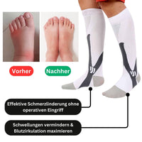 Weiße Kompressionsstrümpfe zur Schmerzlinderung und Verbesserung der Blutzirkulation.