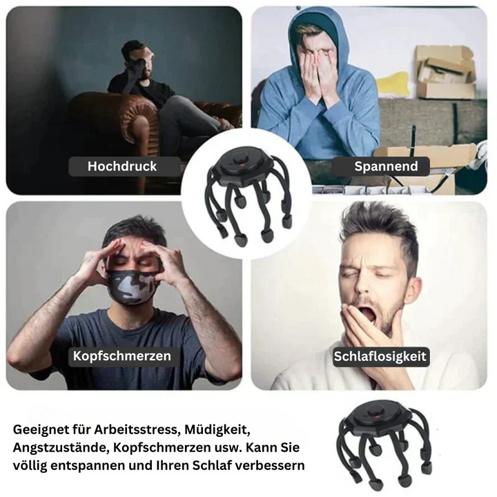 Schwarzer Kopf-Massagegerät gegen Stress, Kopfschmerzen, Schlaflosigkeit, Entspannungshilfe.