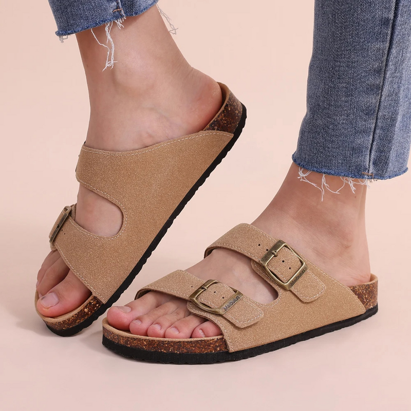 Beige Korksandalen mit Schnallen, Damen, bequem, lässig, Jeans, Fußbekleidung, Mode.