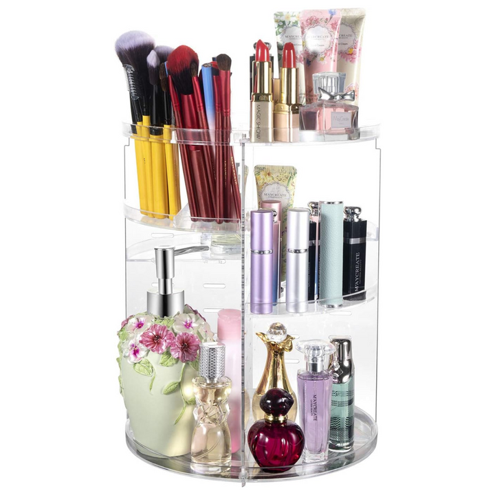 Transparenter drehbarer Kosmetik-Organizer mit Make-up-Pinseln, Lippenstiften und Parfümflaschen.