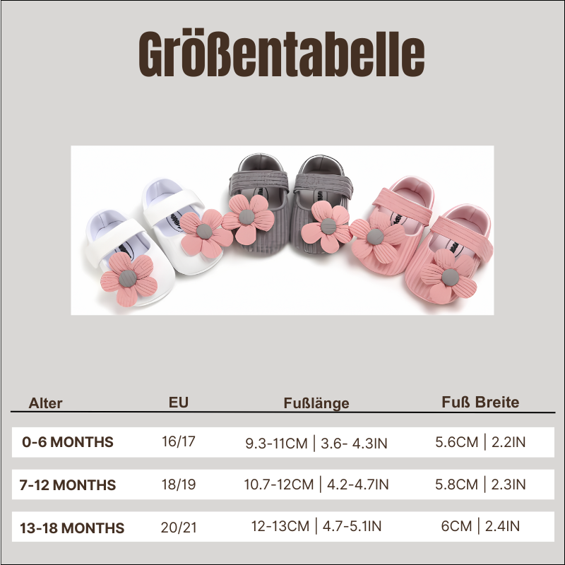 Größentabelle für Babyschuhe mit Blumen, rosa und grau, EU-Größen 16-21, weiches Material.