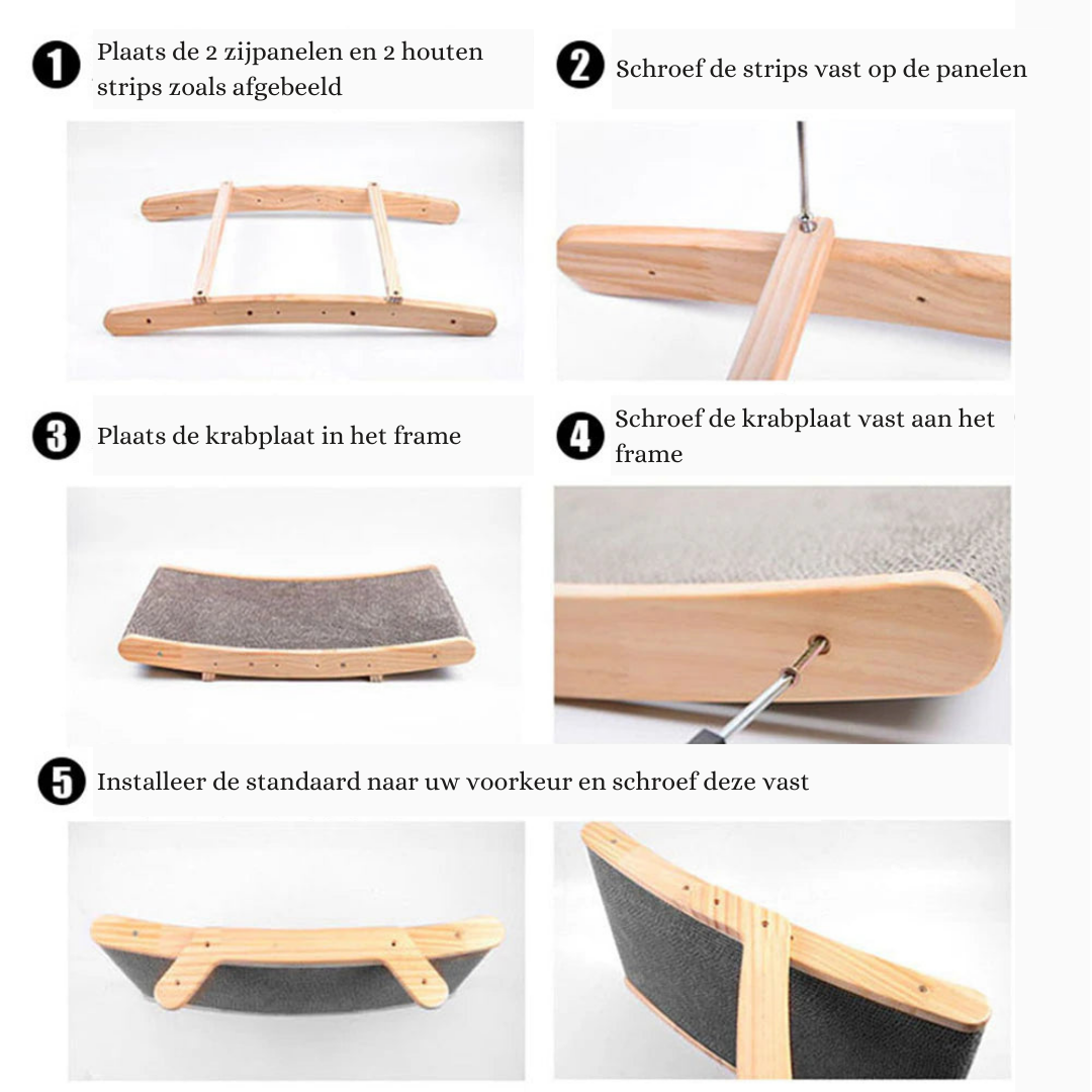 Montageanleitung für Katzenkratzbrett, Holzrahmen, graue Kratzfläche, Schritt-für-Schritt-Anleitung.