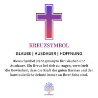 Kreuzsymbol in Lila und Rot, steht für Glaube, Ausdauer, Hoffnung, spirituelle Bedeutung.