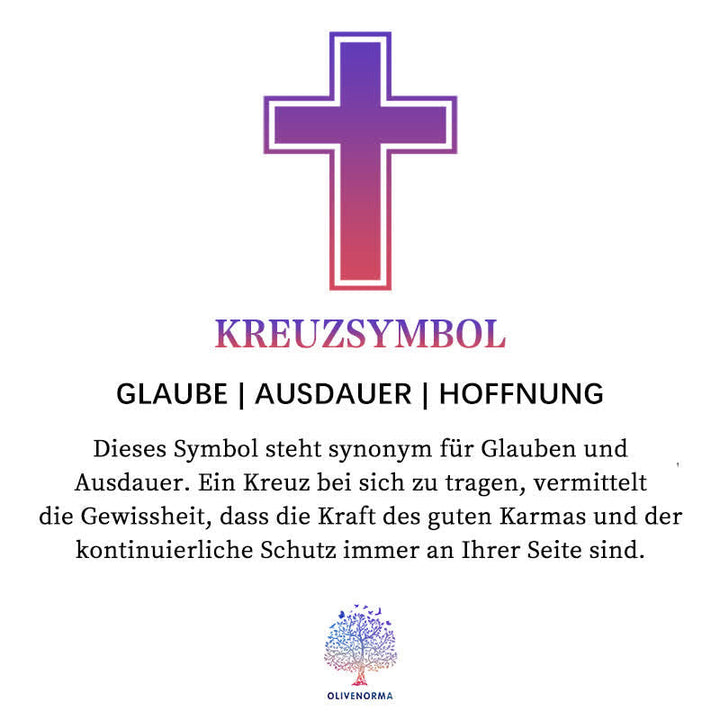 Kreuzsymbol in Lila und Rot, steht für Glaube, Ausdauer, Hoffnung, spirituelle Bedeutung.