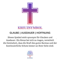 Kreuzsymbol in Lila und Rot, steht für Glaube, Ausdauer, Hoffnung, spirituelle Bedeutung.