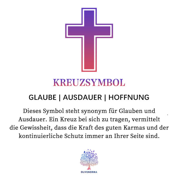 Kreuzsymbol in Lila und Rot, steht für Glaube, Ausdauer, Hoffnung, spirituelle Bedeutung.