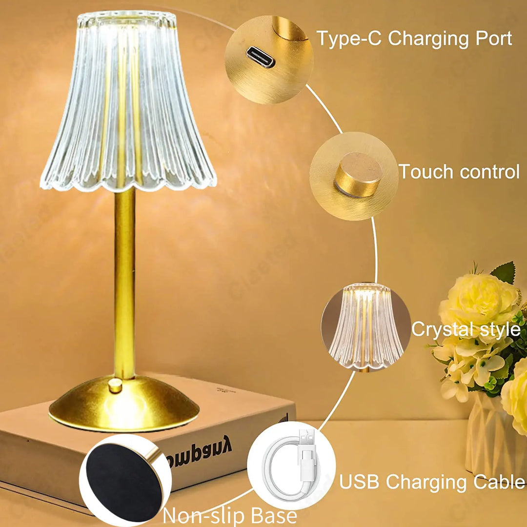 Goldene LED-Tischlampe, kabellos, wiederaufladbar, Touch-Steuerung, Kristallstil, USB-Ladekabel.
