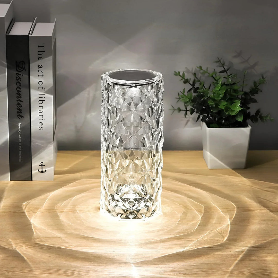 Kristall-Tischlampe, zylindrisch, LED, dekorativ, transparent, modernes Design, Wohnzimmer.