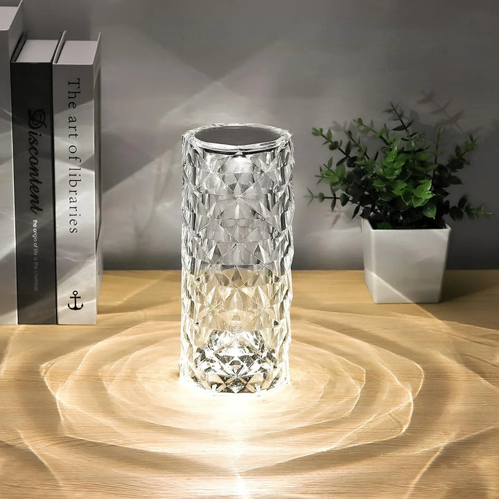 Kristall-Tischlampe, zylindrisch, LED, dekorativ, transparent, modernes Design, Wohnzimmer.