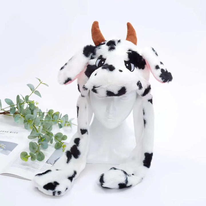 Kuhmütze Plüsch, schwarz-weiß, mit Hörnern, Tierkostüm, lustig, weich, Kinder, Erwachsene.