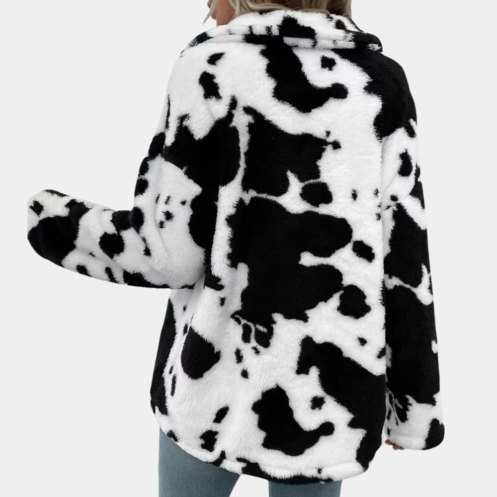 Damenjacke aus Kunstpelz, schwarz-weißes Kuhmuster, modisch, warm, Winterbekleidung.