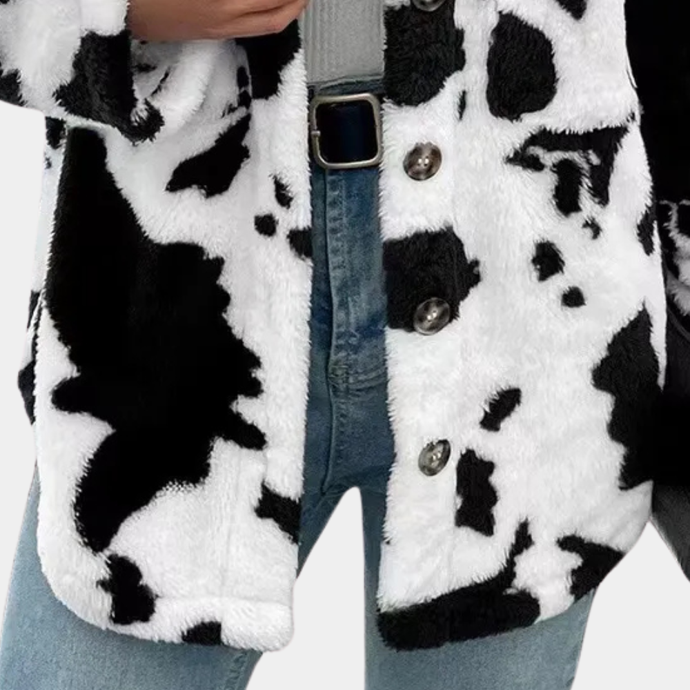 Schwarz-weiße Kuhfelljacke aus Fleece, Damenmode, Knopfleiste, lässiger Stil.