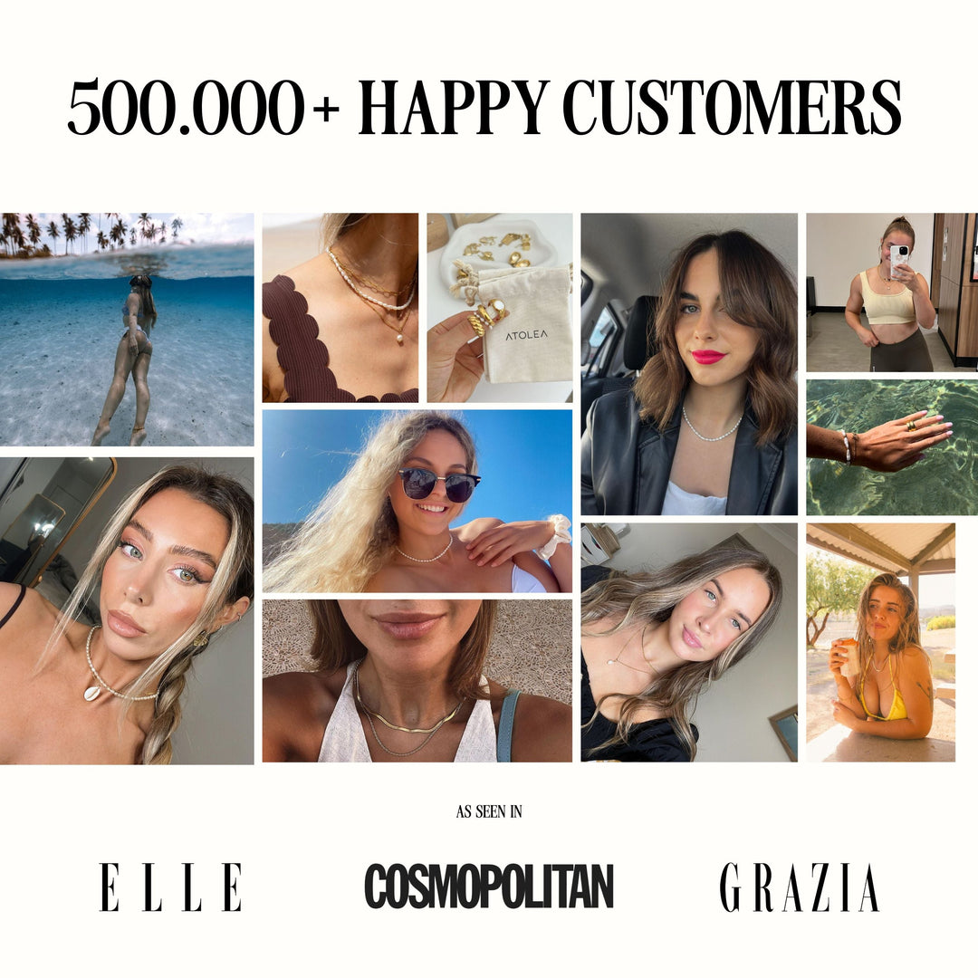 Kollage von zufriedenen Kunden mit Atolea-Schmuck, 500.000+ glückliche Kunden, Modeaccessoires.