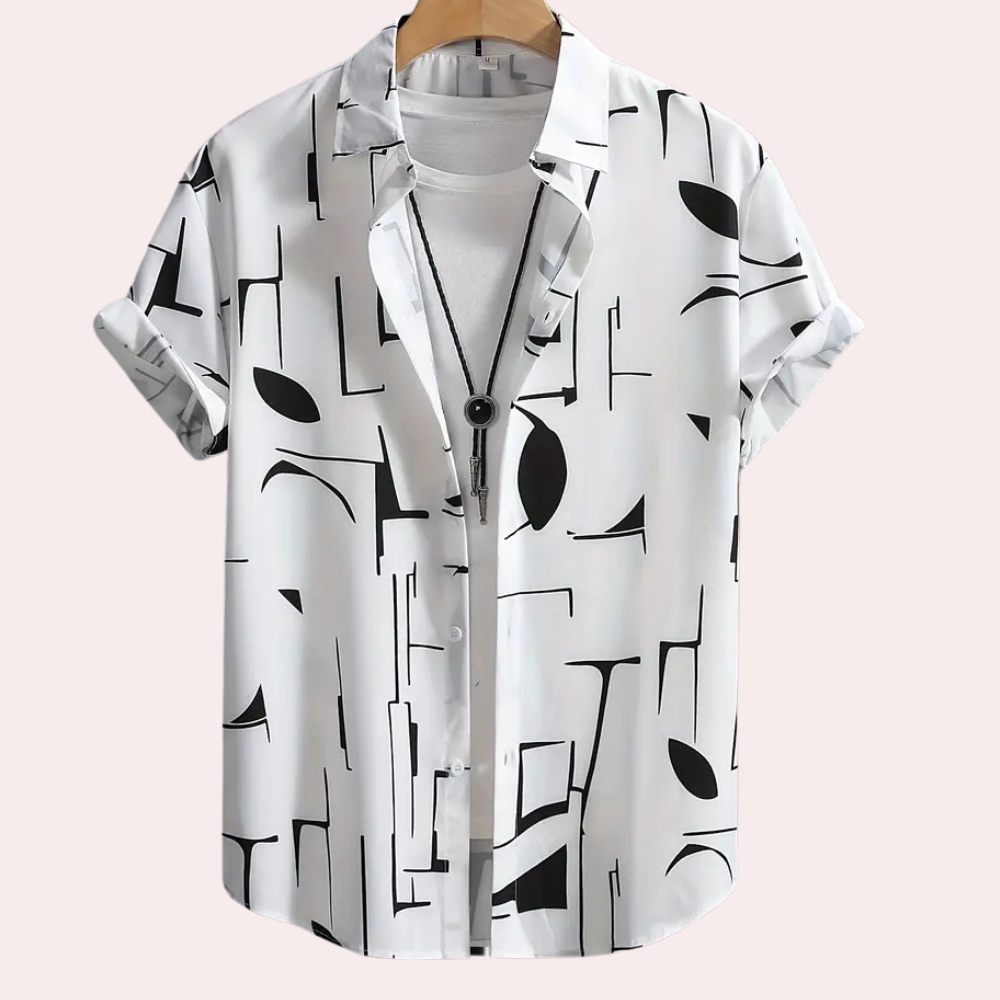 Weißes Herrenhemd mit abstraktem schwarz-weißem Muster, Kurzarm, lässig, Baumwolle.