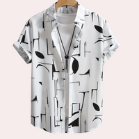 Weißes Herrenhemd mit abstraktem schwarz-weißem Muster, Kurzarm, lässig, Baumwolle.