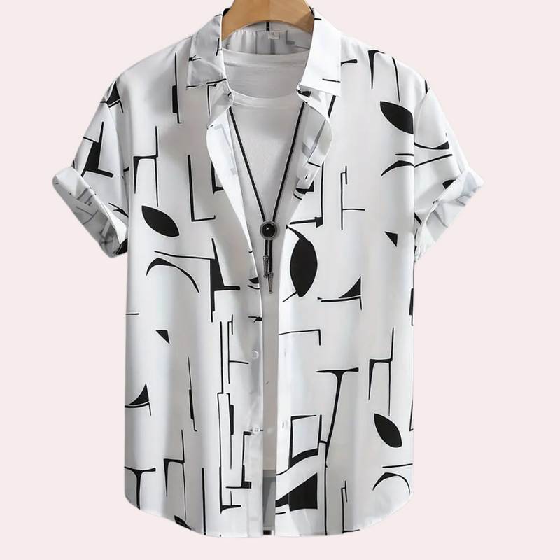 Weißes Herrenhemd mit abstraktem schwarz-weißem Muster, Kurzarm, lässig, Baumwolle.