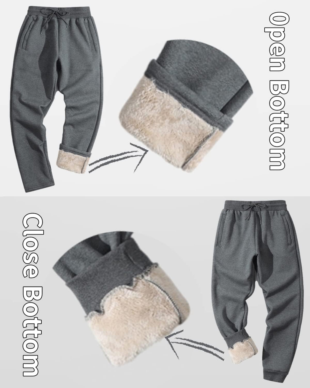 Graue Fleece-Jogginghose mit offenem und geschlossenem Saum, warm, bequem, Herrenmode.