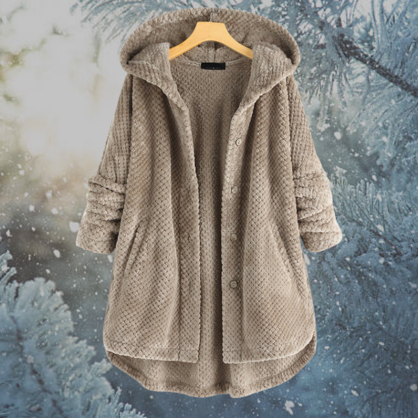 Damen Wintermantel, beige, Kapuze, Knöpfe, warm, flauschig, modisch, Outdoor, Winterkleidung.