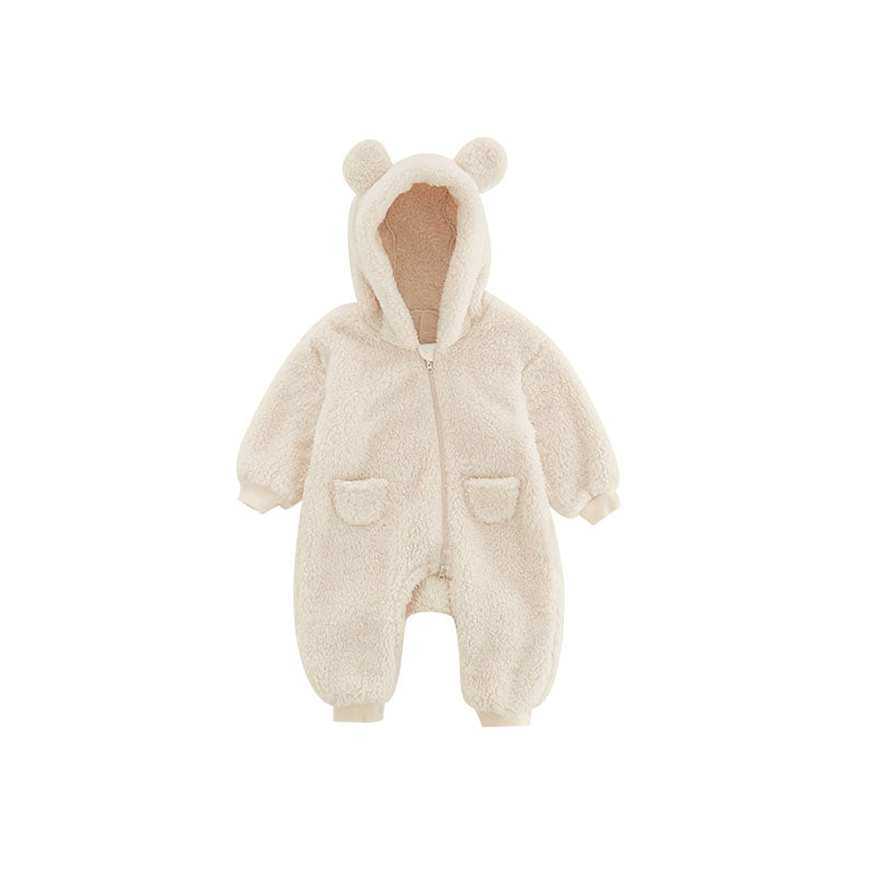 Beiger Baby-Overall mit Kapuze und Bärenohren, flauschig, warm, Reißverschluss, Winterkleidung.