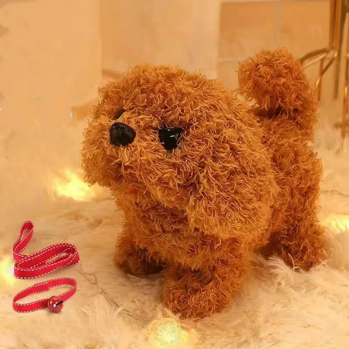 Brauner Plüschhund auf Teppich mit rotem Halsband, Spielzeug, Kuscheltier, Geschenkidee.