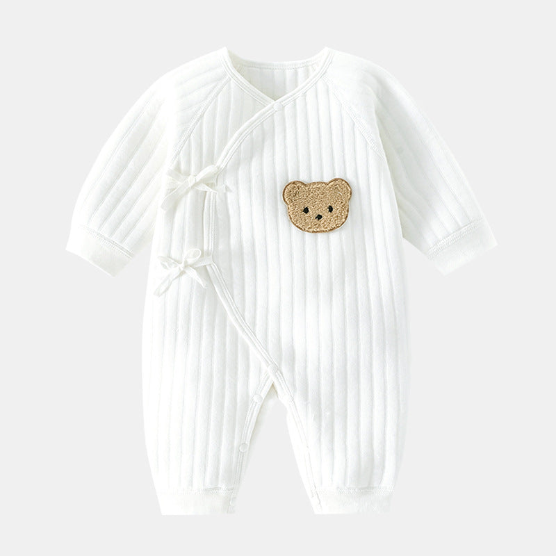 Weißer Baby-Strampler mit Bärenmotiv, Baumwolle, Langarm, Neugeborenen-Kleidung.