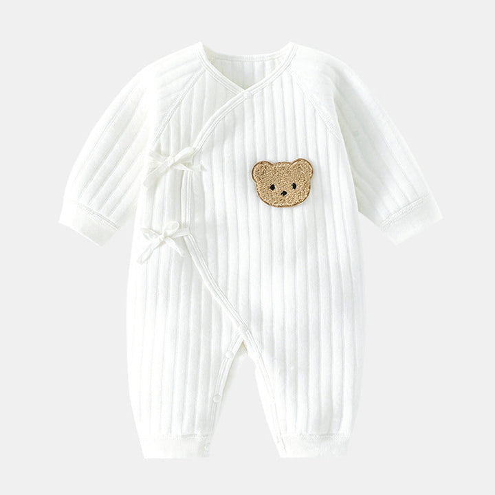 Weißer Baby-Strampler mit Bärenmotiv, Baumwolle, Langarm, Neugeborenen-Kleidung.