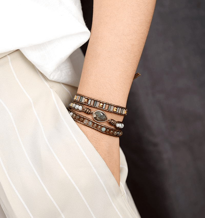 Handgemachtes Labradorit Wickelarmband, Boho-Stil, braun, Schutz, Damenmode, Schmuck.