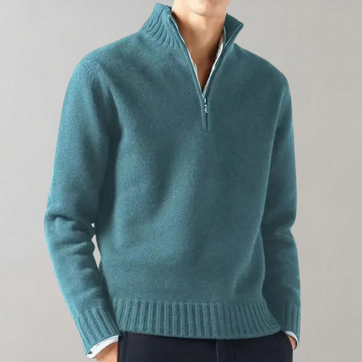 Blauer Herrenpullover mit Reißverschluss, Strick, modisch, warm, Freizeitkleidung.