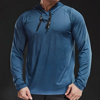 Atmungsaktives Herren-Langarmshirt mit Kapuze, blau, Sportbekleidung, Fitness, Laufen.