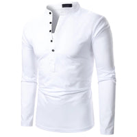 Weißes Herrenhemd mit Stehkragen, Langarm, Knopfleiste, Baumwolle, modisch, elegant.