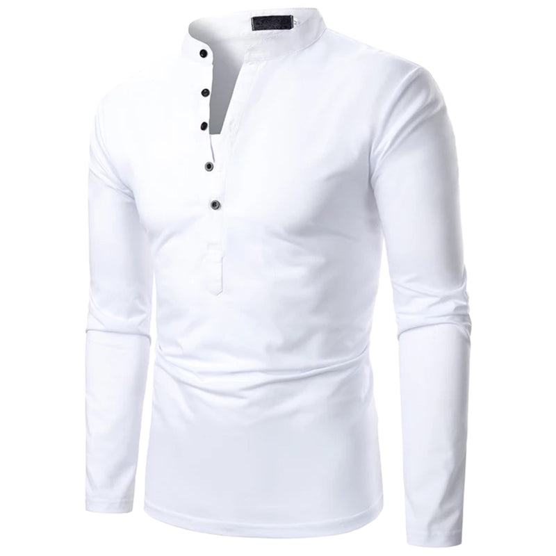 Weißes Herrenhemd mit Stehkragen, Langarm, Knopfleiste, Baumwolle, modisch, elegant.