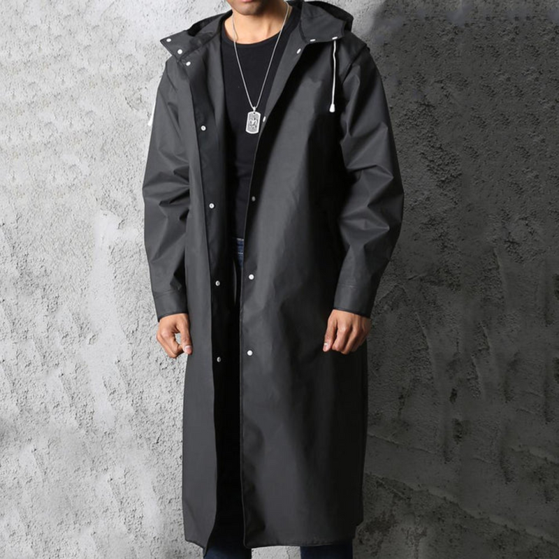 Graue Herren-Regenjacke mit Kapuze, wasserdicht, lang, modisch, Outdoor-Bekleidung.