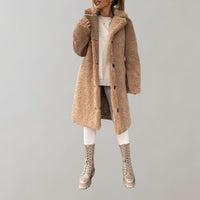 Damen Langmantel Teddyfell khaki, modisch, warm, Winterjacke, stilvoll, bequem, elegant.