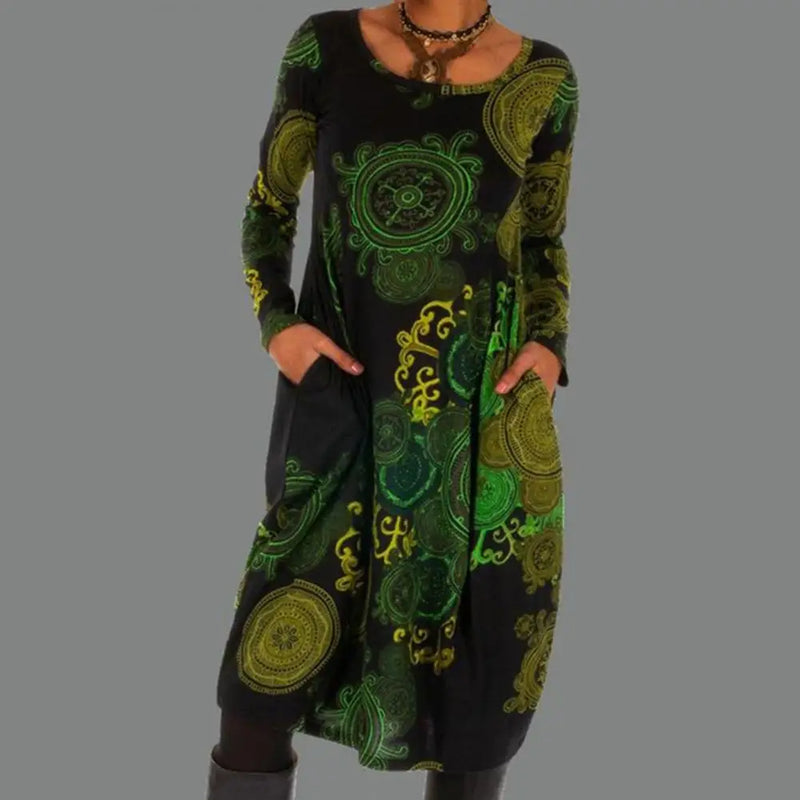 Damenkleid mit langen Ärmeln, schwarz-grün, Mandala-Muster, Boho-Stil, Baumwolle.