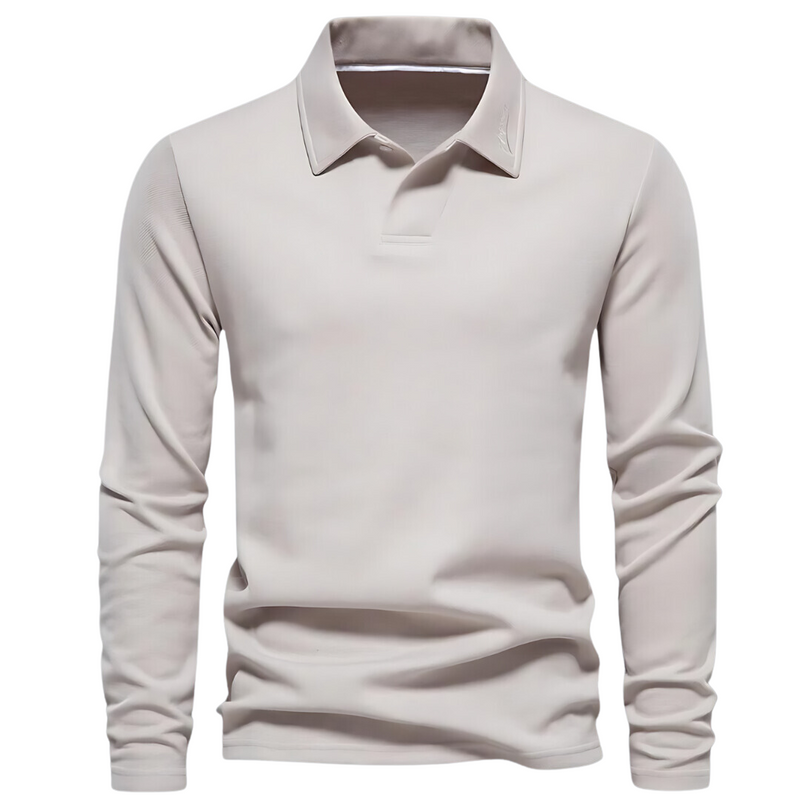 Langarm-Poloshirt Herren, beige, Baumwolle, klassischer Kragen, Freizeitmode, elegant.