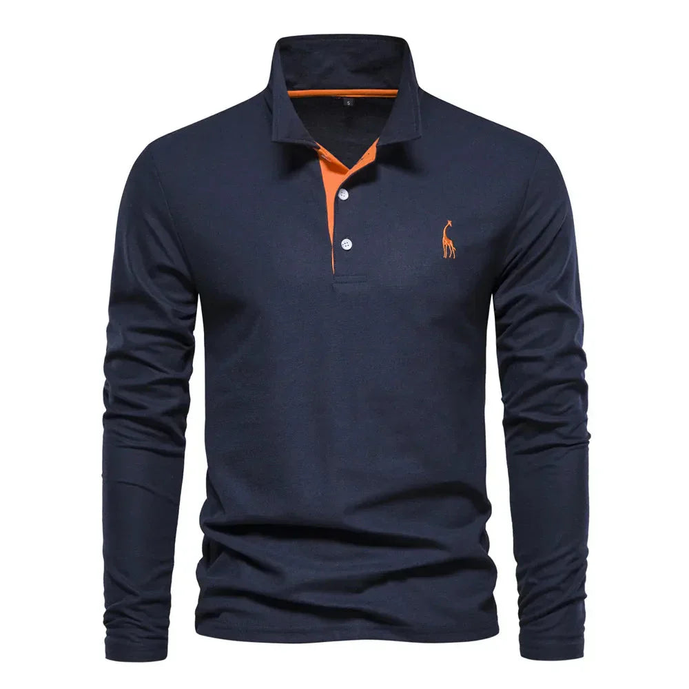 Dunkelblaues Langarm-Poloshirt mit orangefarbenem Kragen, Herrenmode, Baumwolle.