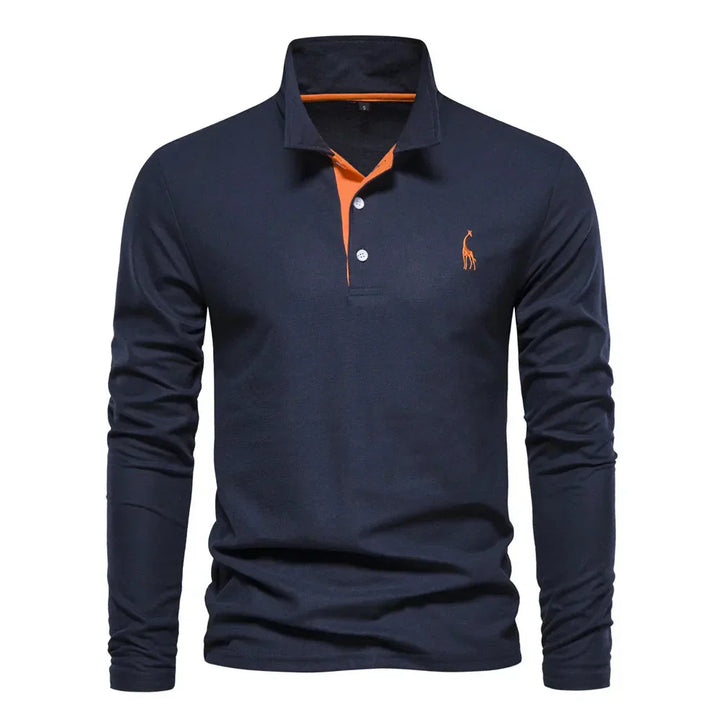 Dunkelblaues Langarm-Poloshirt mit orangefarbenem Kragen, Herrenmode, Baumwolle.