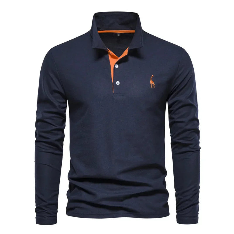 Dunkelblaues Langarm-Poloshirt mit orangefarbenem Kragen, Herrenmode, Baumwolle.