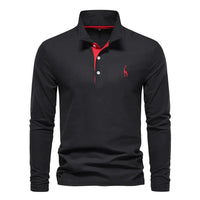 Schwarzes Langarm-Poloshirt mit rotem Logo und Knopfleiste, Herrenmode, Baumwolle.