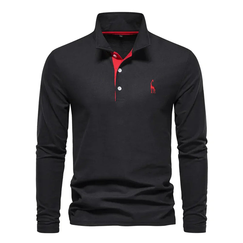Schwarzes Langarm-Poloshirt mit rotem Logo und Knopfleiste, Herrenmode, Baumwolle.