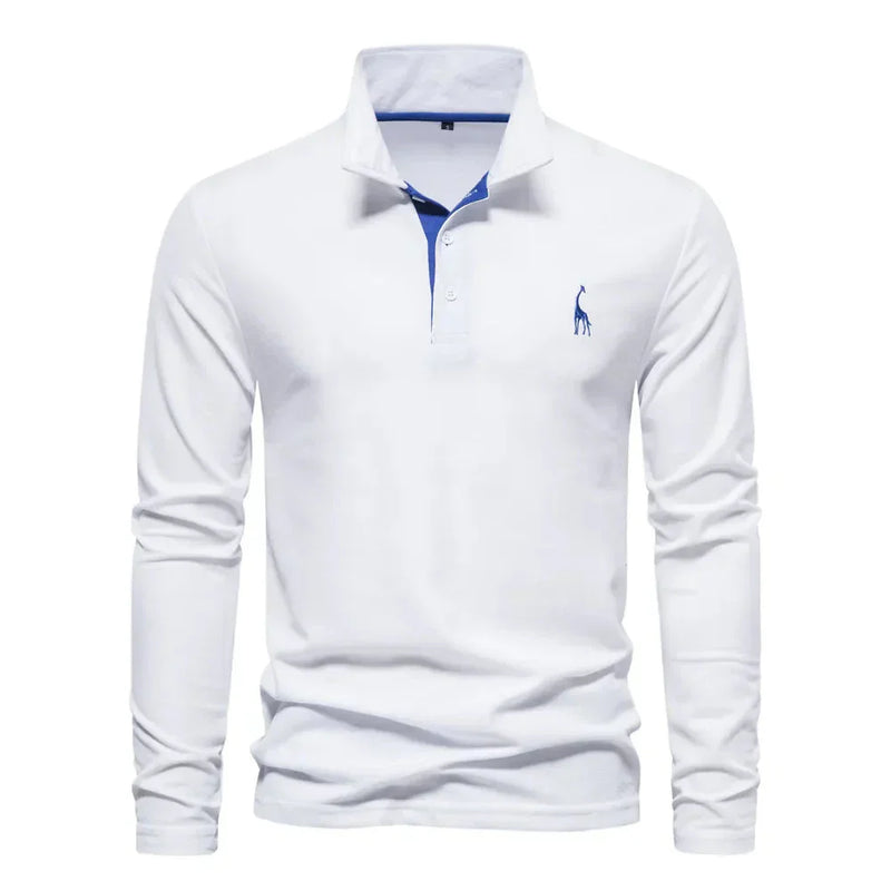 Weißes Herren-Poloshirt, langärmelig, Baumwolle, klassischer Kragen, elegantes Design.