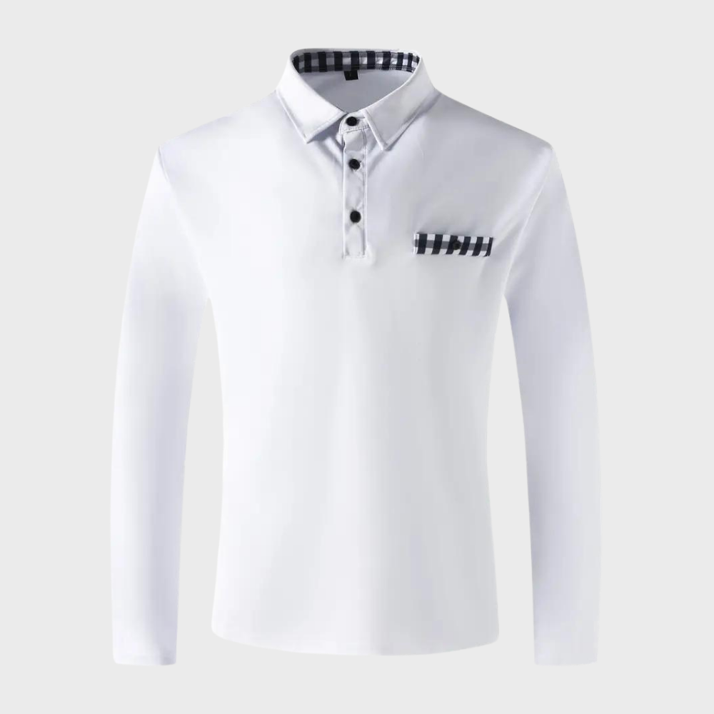 Weißes Herren-Poloshirt, langärmelig, kariertes Detail, Baumwolle, modisch, elegant