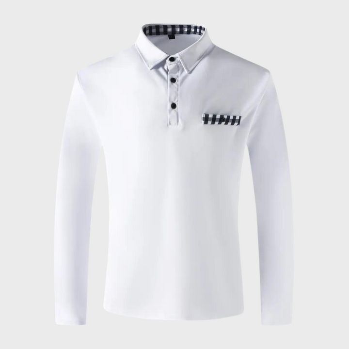 Weißes Herren-Poloshirt, langärmelig, kariertes Detail, Baumwolle, modisch, elegant