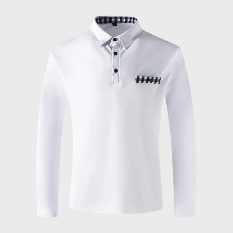 Weißes Herren-Poloshirt, langärmelig, kariertes Detail, Baumwolle, modisch, elegant