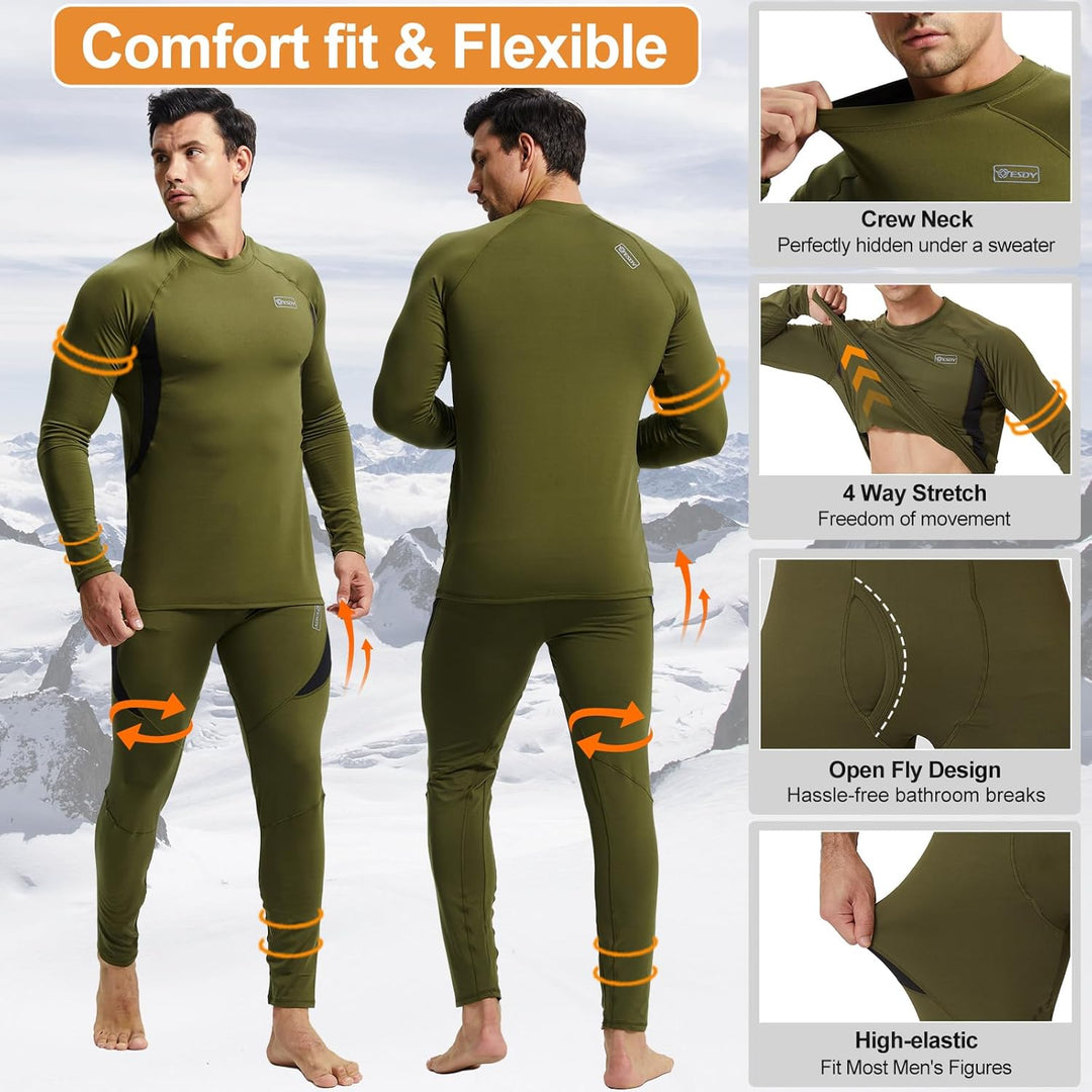 Grünes Thermounterwäsche-Set für Herren, langärmelig, dehnbar, bequem, atmungsaktiv.