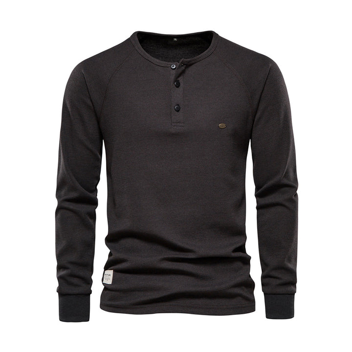 Dunkelgraues Herren-Henley-Shirt, langärmelig, Baumwolle, Knopfleiste, Freizeitmode.